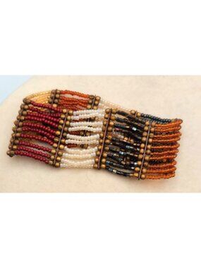 Multicolor Beaded Cuff Bracelet With Brass Accents - Boho Style